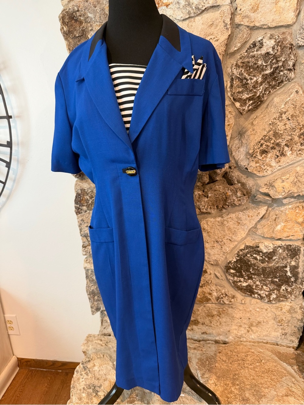 Vintage Danny & Nicole Royal Blue Short-Sleeve Coat Dress Black Collar
